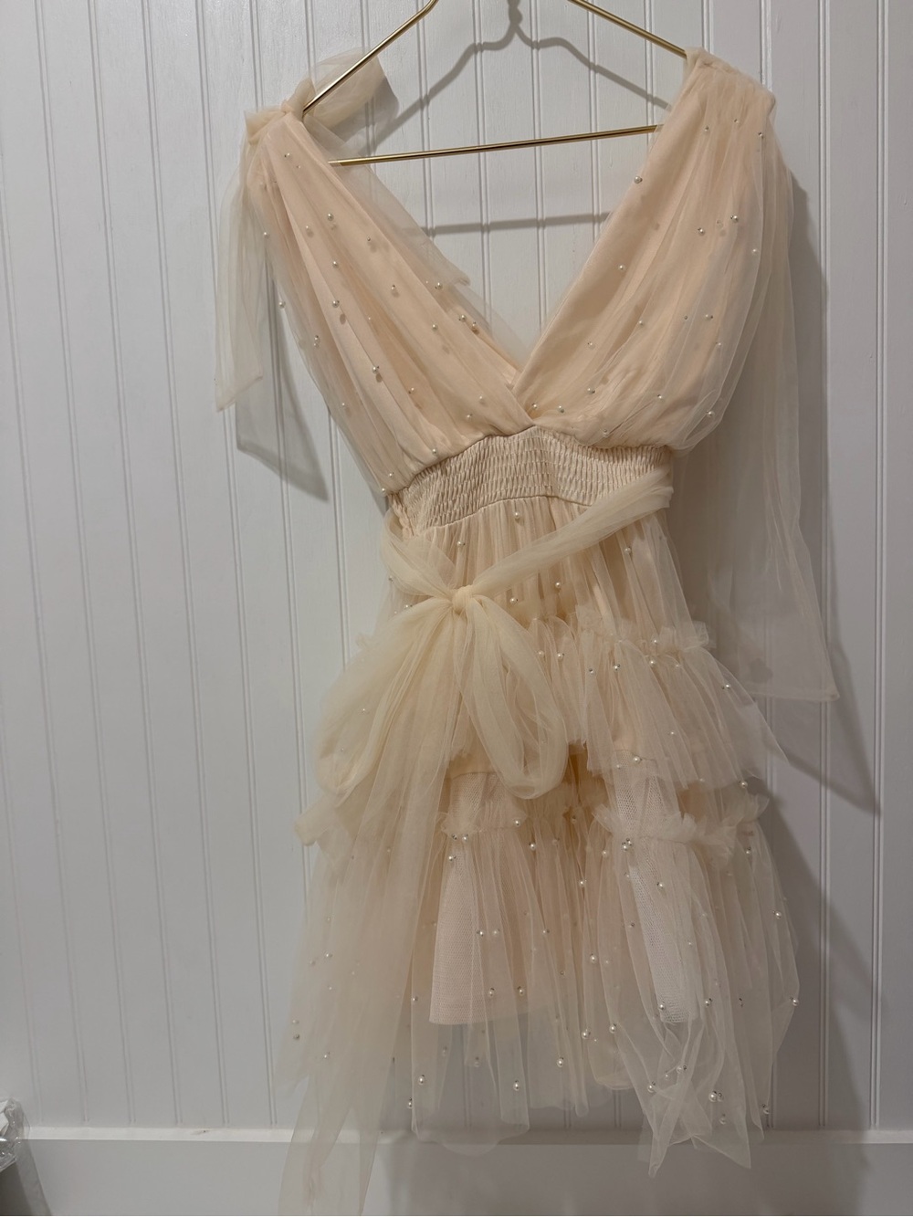 Mable Pearl Embellished Tulle Bow Shoulder Mini Dress Size M - Picture 2 of 4